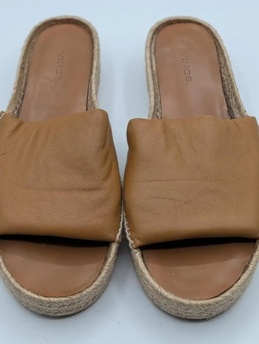 Vince 7M $225 Tan Leather Jute Platform Espadrille Slide Sandals Made in Spain